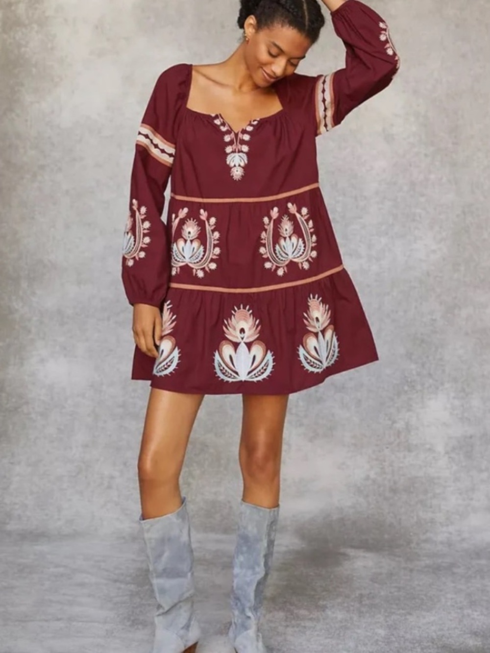 Anthropologie Let Me Be Burgundy Floral Embroidered Tunic Babydoll Dress